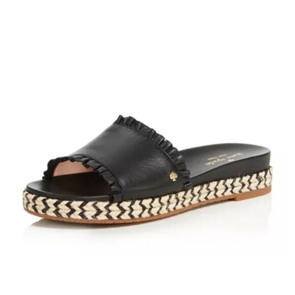 Kate Spade Zahara Black Leather Braided Flat Espadrille Sandals Slides Women's S - Picture 1 of 11